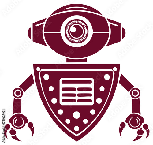 Maroon robot with a large eye and clawed hands