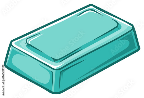 Cartoon illustration of a turquoise bar of soap with beveled edges and a glossy finish