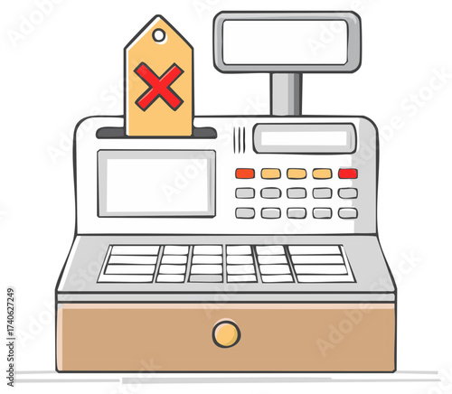 Cash register with tag and the cross symbol, concept of failure, rejection or not accepted