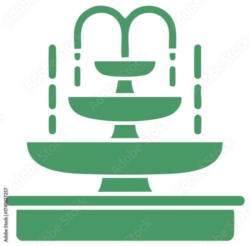 Classic three-tiered water fountain vector icon. Green park or garden decoration with flowing water.