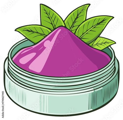 Cartoon Illustration of Cosmetic Cream with Leaves in a Jar for Personal Care