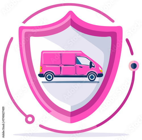 Pink Van Inside of Shield Shape Representing Vehicle Protection and Security for Delivery and Transport