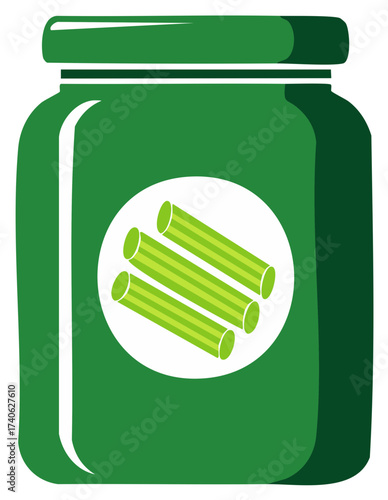Green Jar with Celery Sticks Label Graphic for Healthy Food Preservation