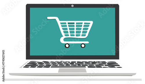 Laptop displaying a shopping cart icon symbolizing online shopping and e-commerce