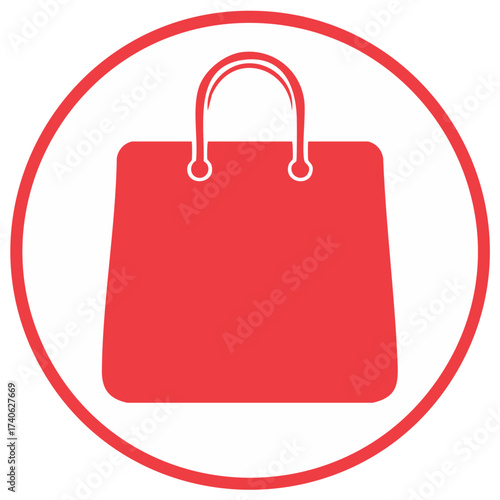 Red shopping bag icon in a circle. Symbol of consumerism, retail, and commerce.