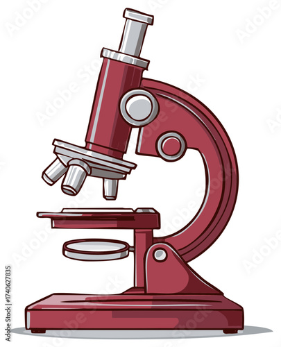 Vibrant red scientific microscope illustration for laboratory research and education