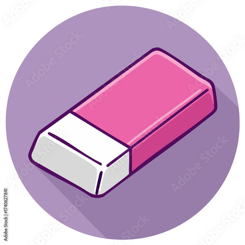 Isometric pink eraser icon with purple circle, art supply for mistake removal