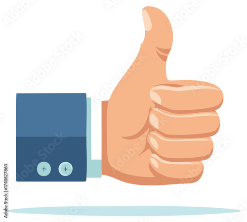 Cartoon hand displaying a thumbs up gesture in a blue shirt sleeve concept of approval success or liking