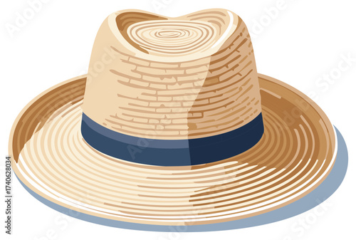 Illustration of a Stylish Straw Hat with a Blue Band, Isolated Design