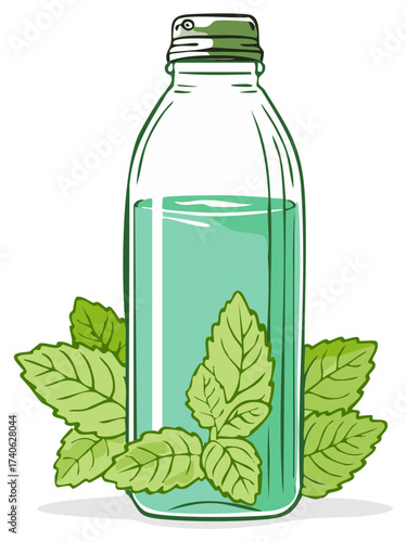 Infused Water in Clear Bottle with Fresh Mint Leaves, Healthy Drink Illustration, Detox Beverage Concept