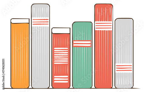 Illustration of a row of colorful books with unique designs and linework.