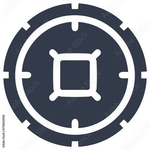 Ancient style Chinese coin icon with square hole simple design vector glyph illustration