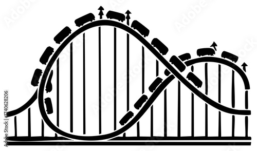 Roller Coaster Silhouette with Train Cars Climbing Up and Down the Track