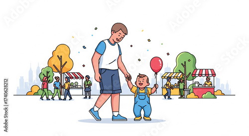 Father and child walking in a park holding a red balloon, with market stalls and people in the background.