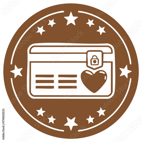 Brown circle badge of secured card with heart icon and stars, credit, debit card safety