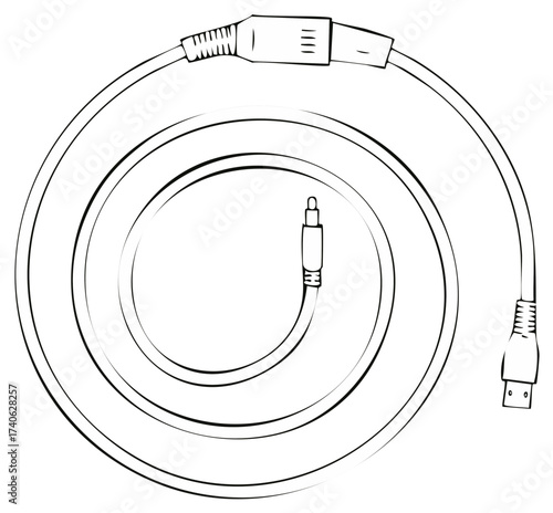 Audio cable with USB and audio jack connectors - vector illustration, sketch style