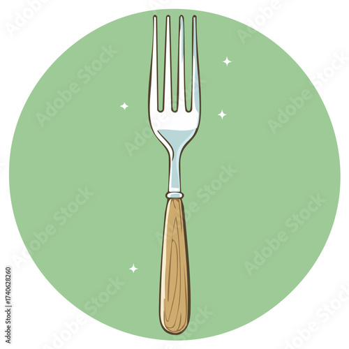 Clean and shiny fork illustration with a wooden handle in a green circle