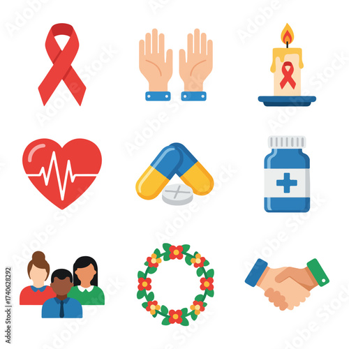 Icons HIV/AIDS awareness, including a red ribbon, hands, candle, heart, pills, and handshake.