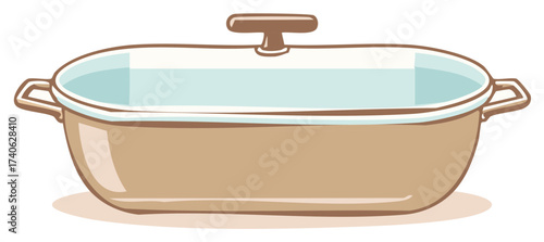 Illustration of a beige casserole dish with handles and lid