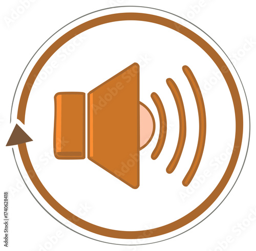Volume icon with sound waves and circular arrow in brown and orange color palette