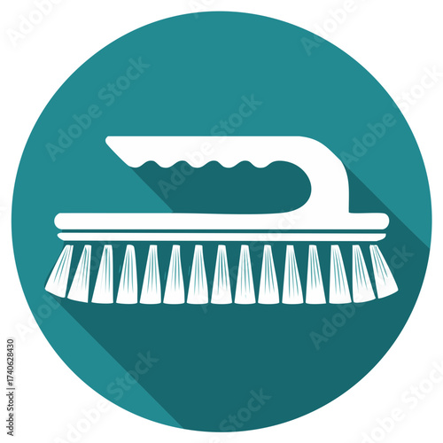 Stylized cleaning brush icon with a long shadow in a teal circle