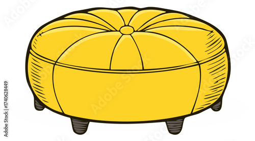 Yellow pouf ottoman seating footstool in cartoon style with black sketch vector illustration