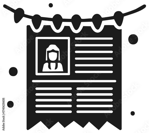 Celebratory newspaper announcement with a woman's portrait and festive lights icon