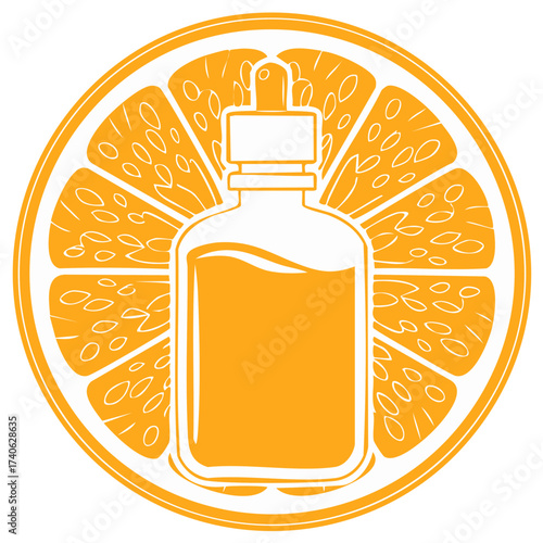 Orange fruit slice and dropper bottle icon vector for natural essential oils cosmetics or vitamin C