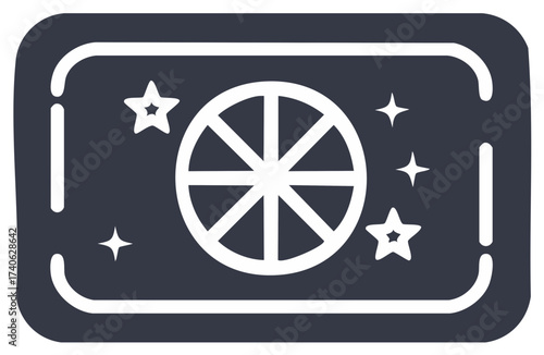 Stylized wheel of fortune icon with stars and sparkles against a dark background