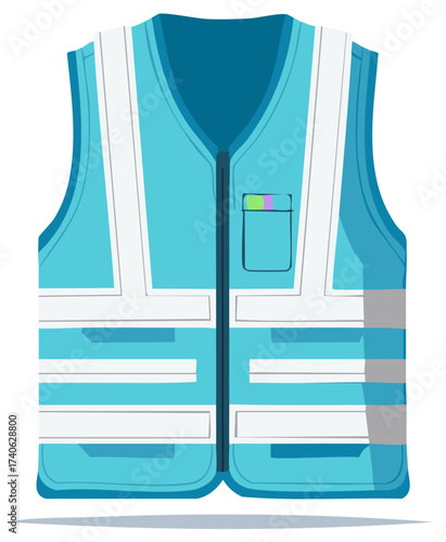 Blue reflective safety vest with white stripes, workwear construction and traffic uniform, hi vis clothing