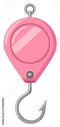 Pink Fishing Scale with Hook, Isolated on White, Cartoon Illustration