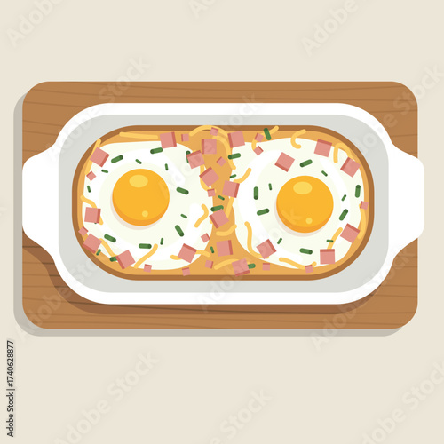 flat color of Keto low carb Baked Eggs with Ham and Cheese
