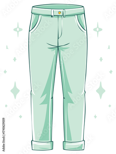 Elegant cartoon light green pants with cuffed hems sparkle on an isolated white background