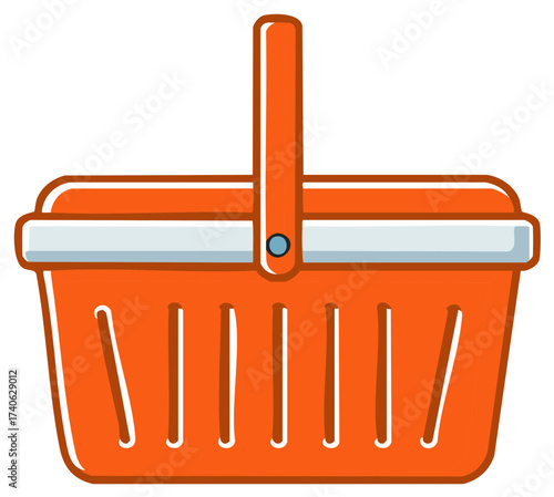 Empty Bright Orange Plastic Shopping Basket with Handle Vector Graphic Illustration
