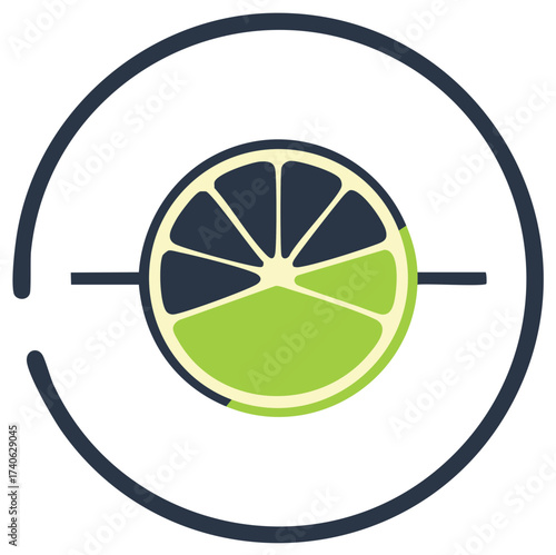 Colorful graphic design of a citrus fruit cut into wedges with an outline circle and lines for a design.