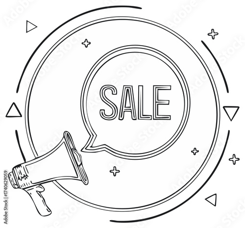 Doodle illustration of a megaphone with speech bubble stating sale and geometric shapes around it in a sketch style.