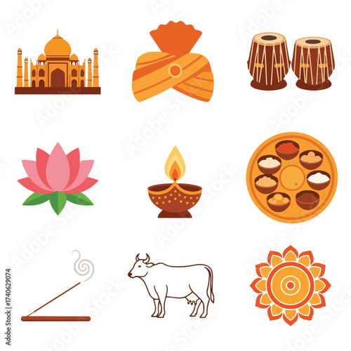 A collection of Indian cultural symbols including the Taj Mahal, a turban, tabla drums, a lotus flower, a diya lamp, spices, incense, a cow, and a mandala.