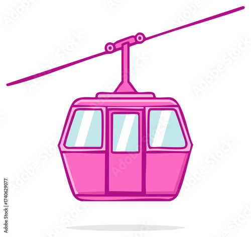 Cartoon illustration of a pink cable car against a white backdrop, with window details and the supporting rope.