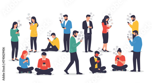 Young peoples with smartphones. Using gps, making selfie, talking on video call, chatting, looking video. Hand drawn vector illustration isolated on white background. Modern flat cartoon style.
