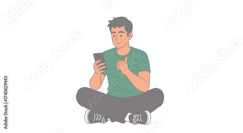 Young people with smartphone. Using gps, making selfie, talking on video call, chatting, looking video. Hand drawn vector illustration isolated on white background. Modern flat cartoon style.
