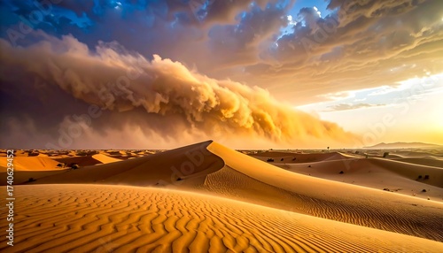 A desert scene depicts towering sandstorm and golden sunlight