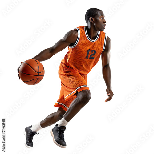 Black male basketball player in orange jersey with number 12 handling a ball on  transparent background