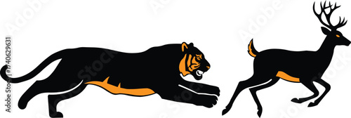 Dynamic silhouette of a powerful lion chasing a fleeing deer in a dramatic chase scene silhouette