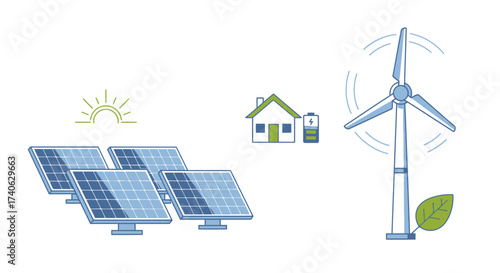 Renewable energy solar panels, wind turbine.Green energy concept
