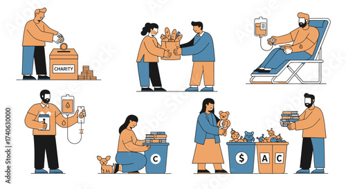Volunteering and donations vector banner template. Cheerful people donating toys for children cartoon characters. Young volunteers holding boxes with grocery products. Charity organization members