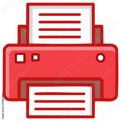 Red office printer cartoon-style printing documents, paperwork, and stationary for business, office, or school.