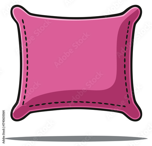 Comfortable Pink Pillow on the Bed: Cartoon Style Illustration