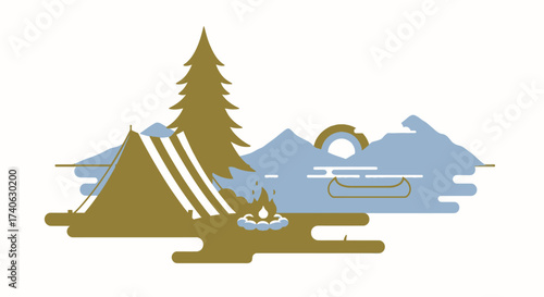 Camp site. Nature camping landscape with tent and campfire, summer forest camp flat vector illustration. Cartoon camping view