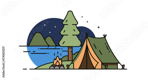 Camp site. Nature camping landscape with tent and campfire, summer forest camp flat vector illustration. Cartoon camping view