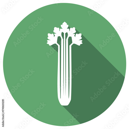 Celery stalk illustration with long shadow on green round background for healthy food or vegetarian concepts